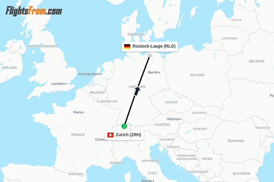 Flights from Zurich to Rostock-Laage route map