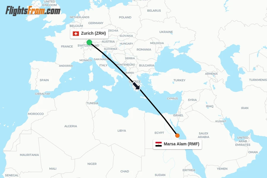 Flights from Zurich to Marsa Alam route map