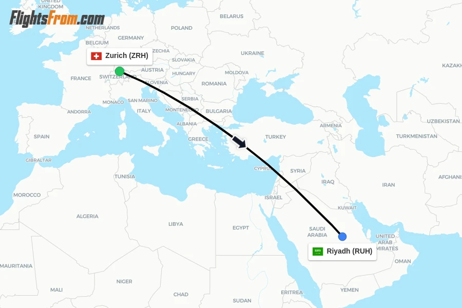 Flights from Zurich to Riyadh route map
