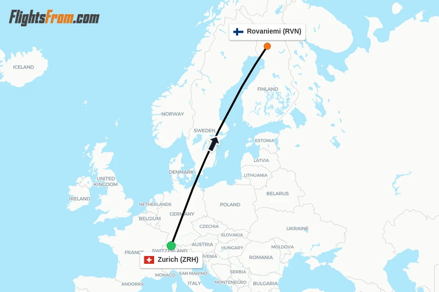 Flights from Zurich to Rovaniemi route map