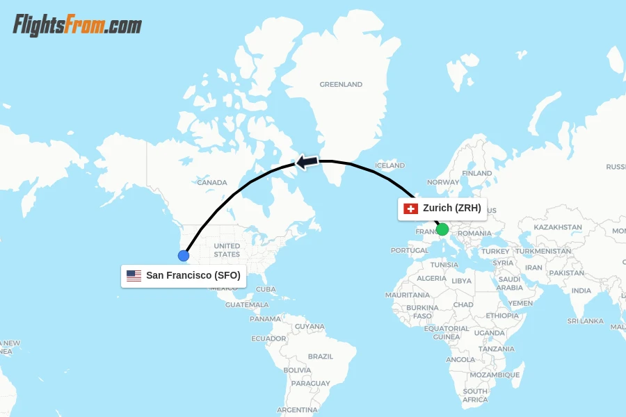 Flights from Zurich to San Francisco route map