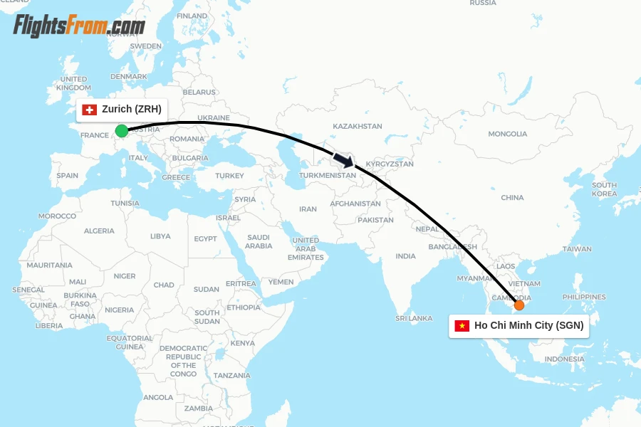 Flights from Zurich to Ho Chi Minh City route map