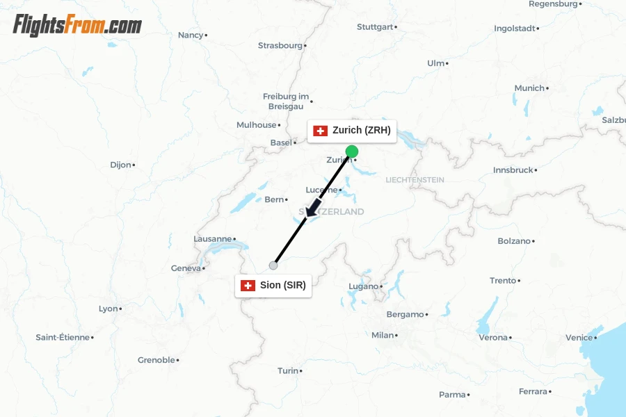 Flights from Zurich to Sion route map