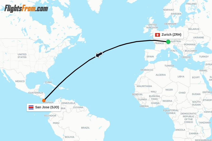 Flights from Zurich to San Jose route map