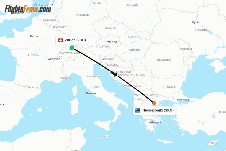 Flights from Zurich to Thessaloniki route map