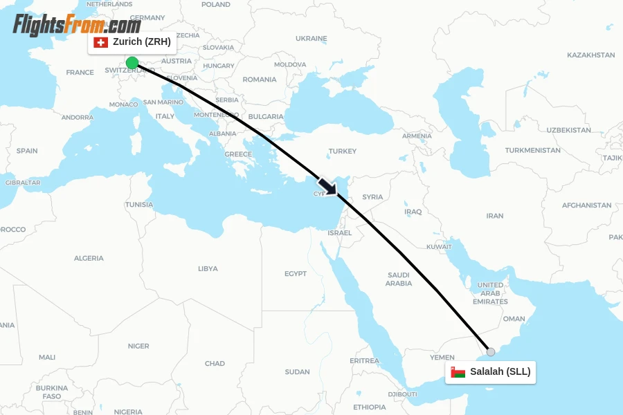 Flights from Zurich to Salalah route map