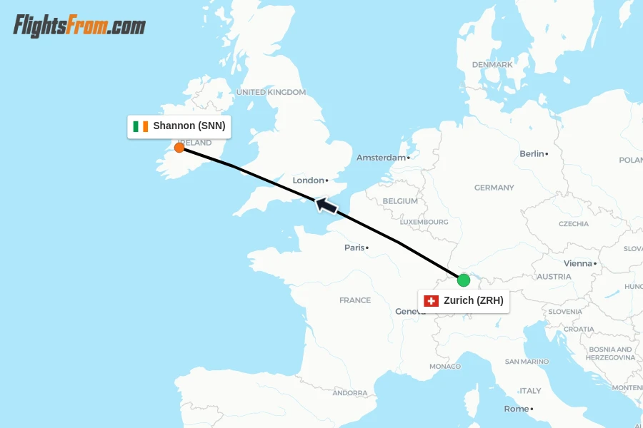 Flights from Zurich to Shannon route map