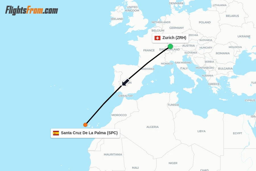 Flights from Zurich to Santa Cruz De La Palma route map