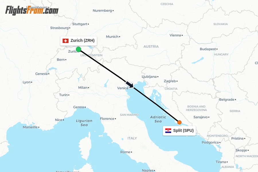 Flights from Zurich to Split route map