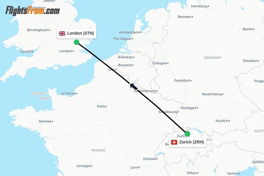 Flights from Zurich to London route map