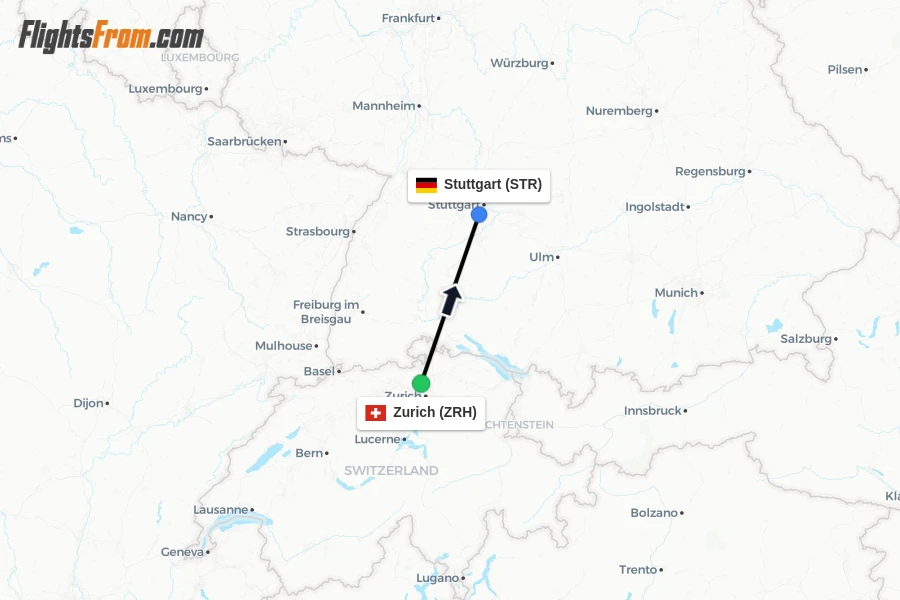 Flights from Zurich to Stuttgart route map