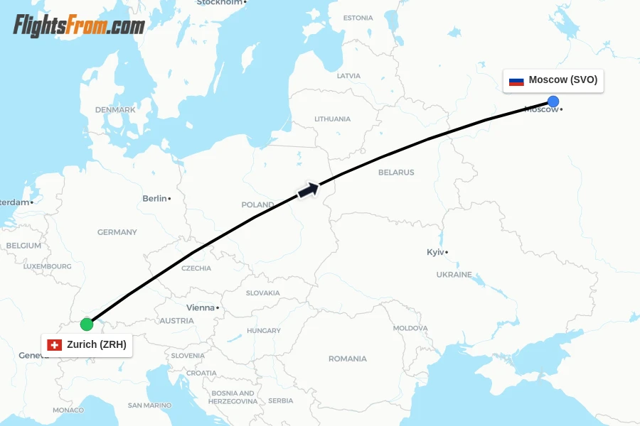 Flights from Zurich to Moscow route map