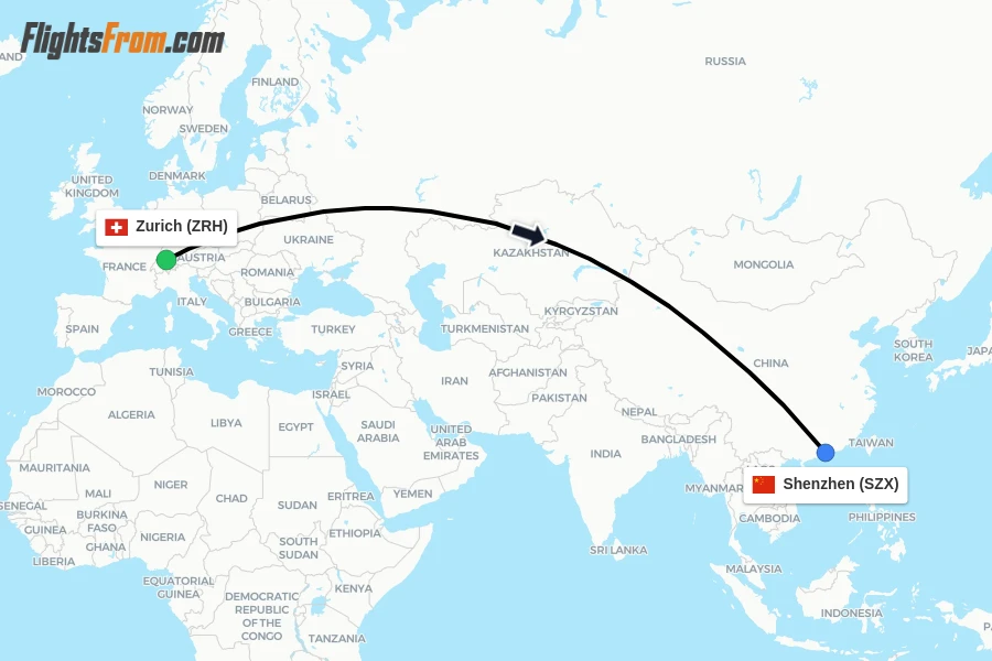 Flights from Zurich to Shenzhen route map