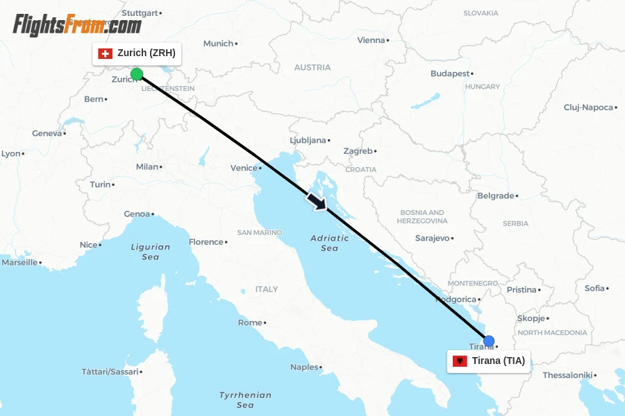 Flights from Zurich to Tirana route map