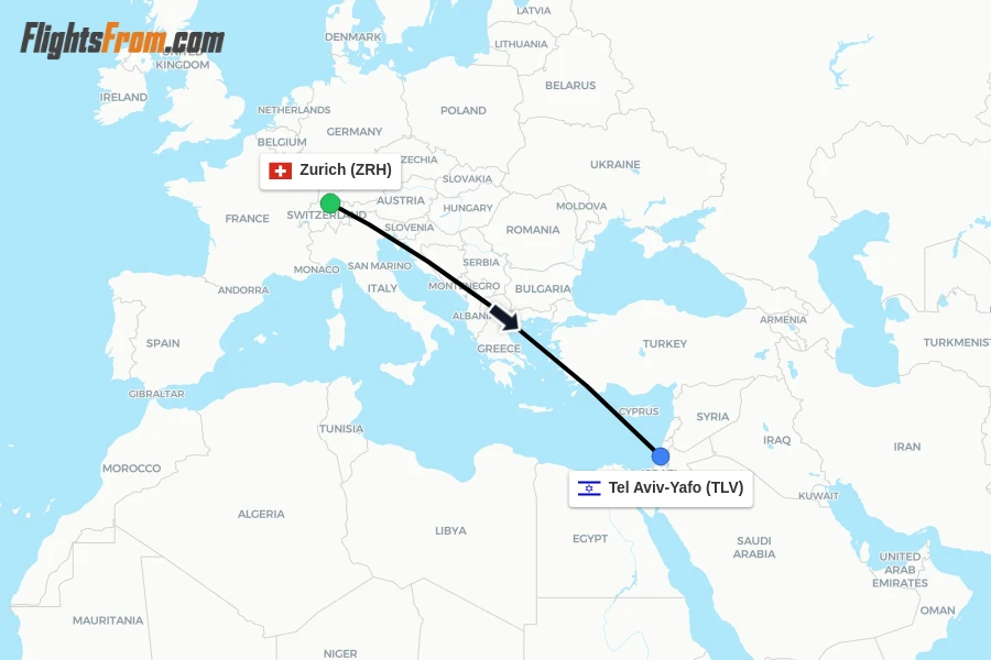 Flights from Zurich to Tel Aviv-Yafo route map