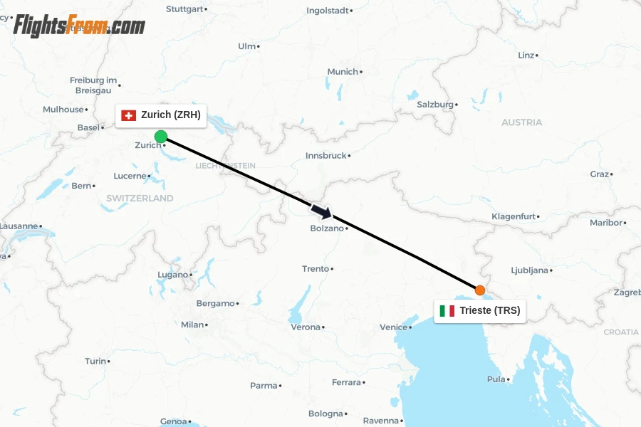 Flights from Zurich to Trieste route map
