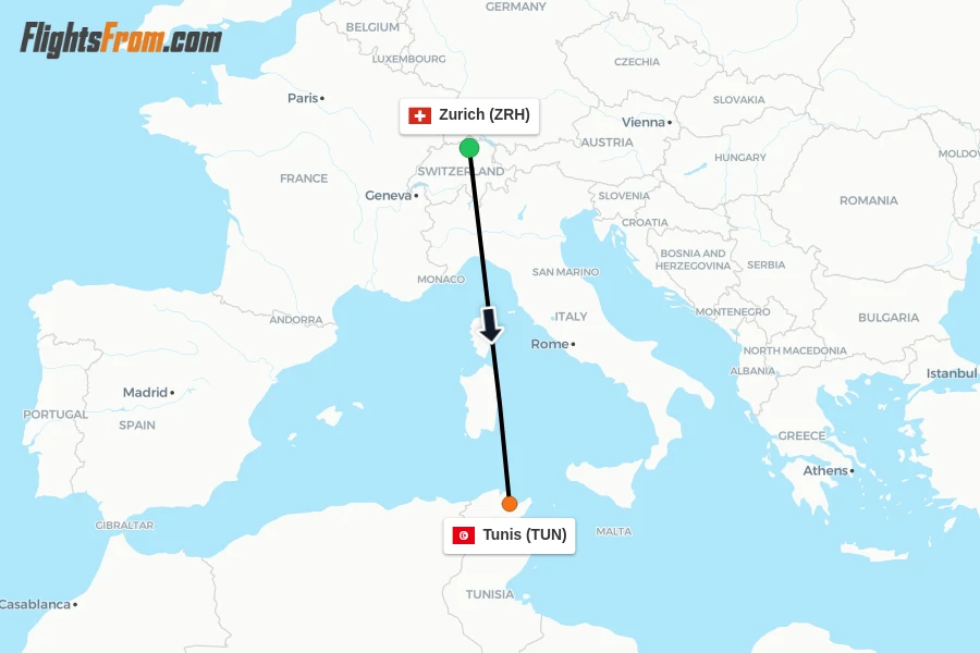 Flights from Zurich to Tunis route map