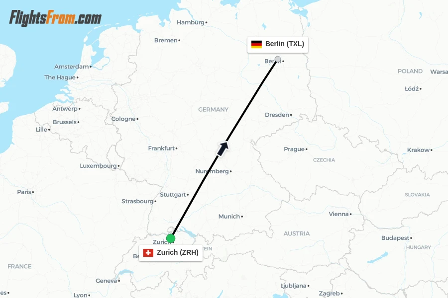Flights from Zurich to Berlin route map
