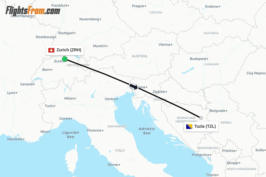 Flights from Zurich to Tuzla route map