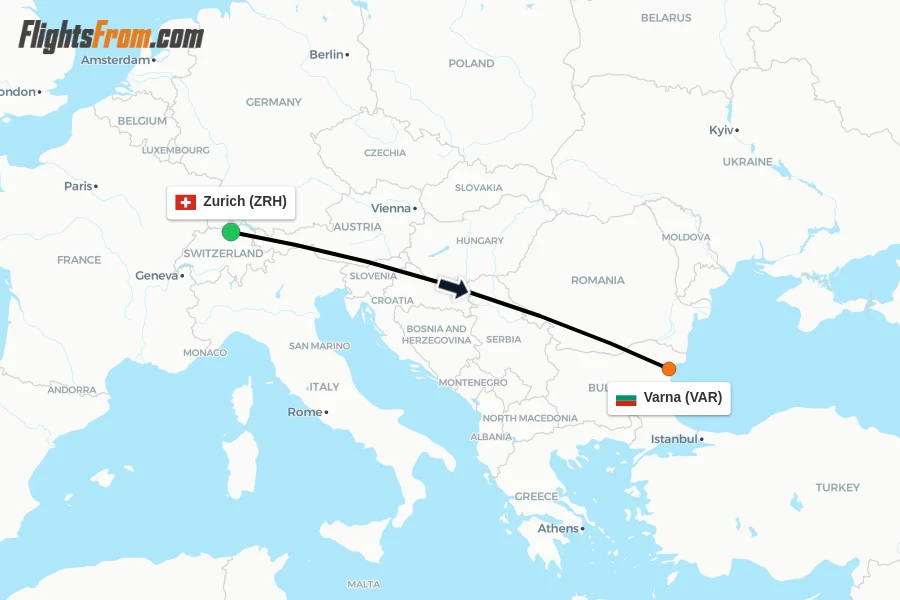 Flights from Zurich to Varna route map