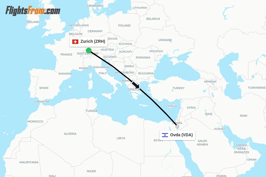 Flights from Zurich to Ovda route map