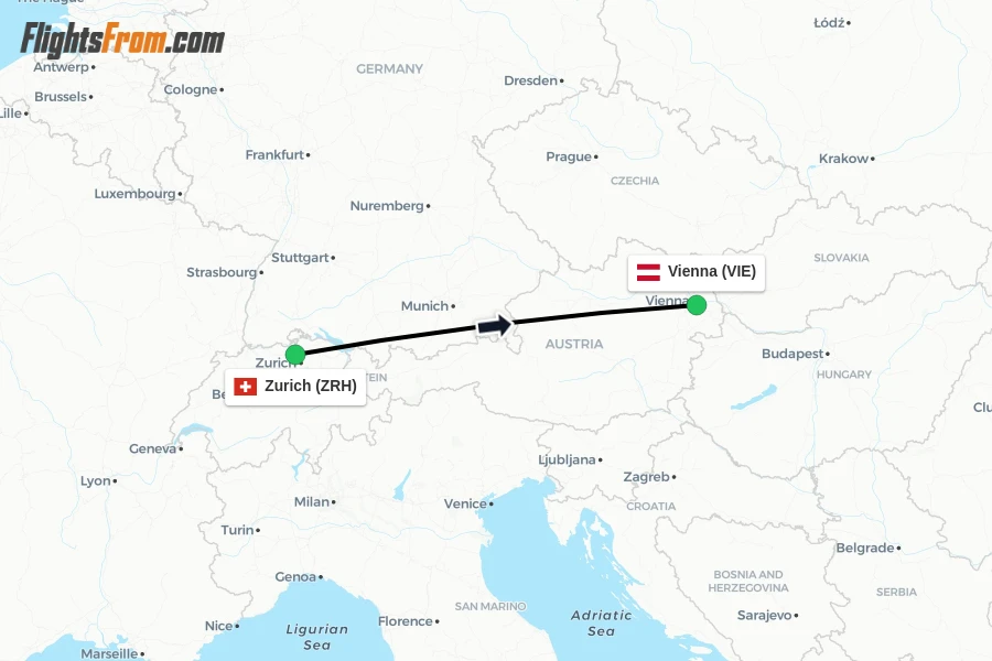 Flights from Zurich to Vienna route map