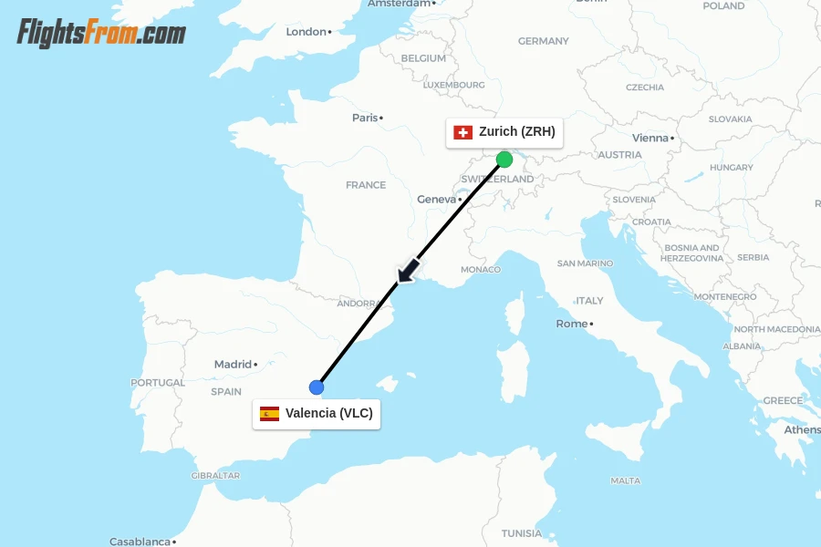Flights from Zurich to Valencia route map