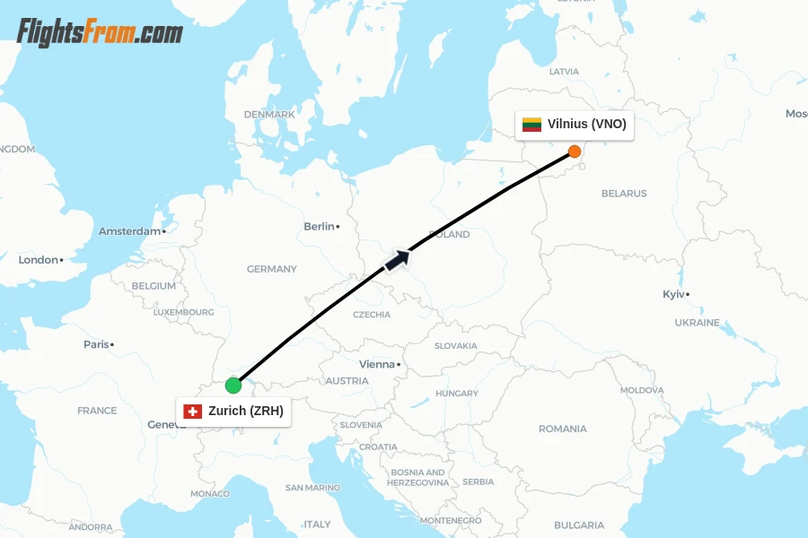 Flights from Zurich to Vilnius route map