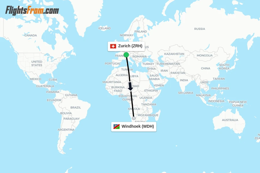 Flights from Zurich to Windhoek route map