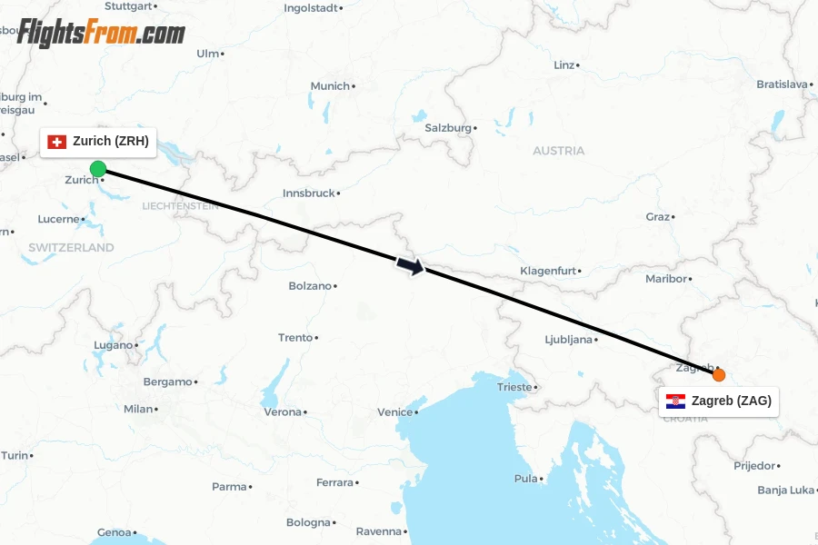 Flights from Zurich to Zagreb route map