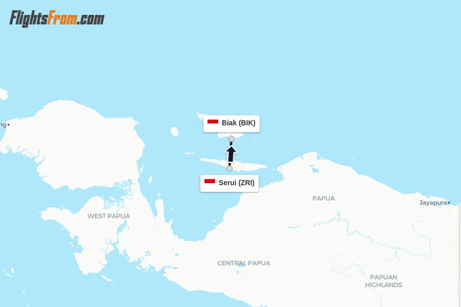 Flights from Serui to Biak route map