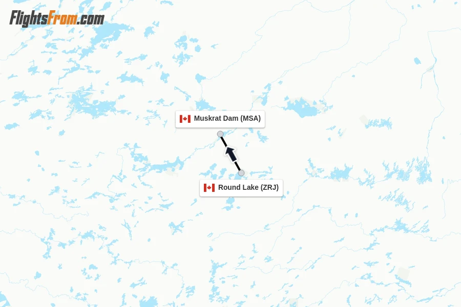 Flights from Round Lake to Muskrat Dam route map