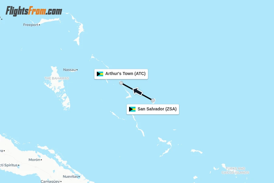 Flights from San Salvador to Arthur's Town route map