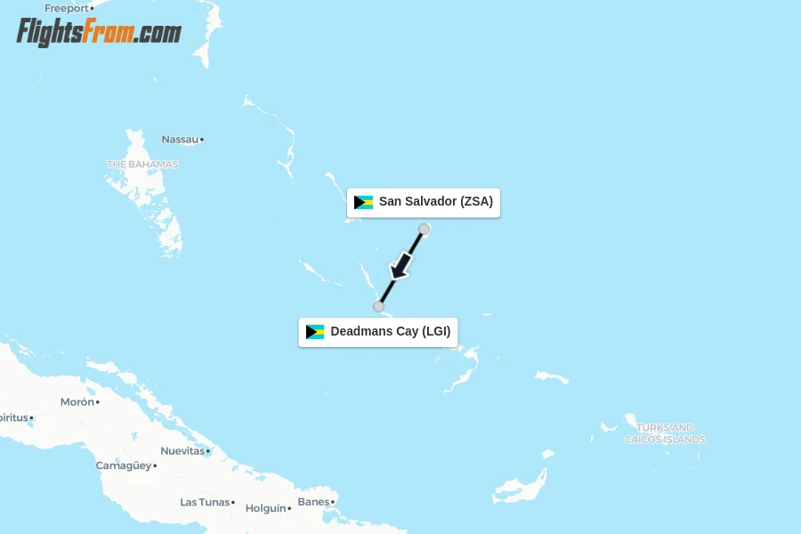 Flights from San Salvador to Deadmans Cay route map