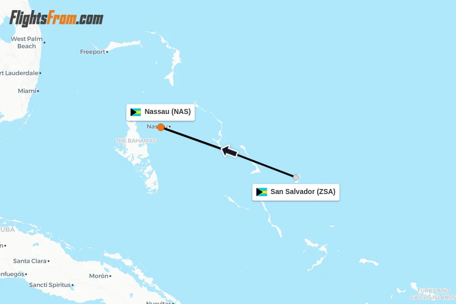 Flights from San Salvador to Nassau route map