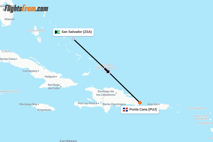 Flights from San Salvador to Punta Cana route map