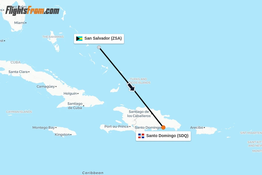 Flights from San Salvador to Santo Domingo route map