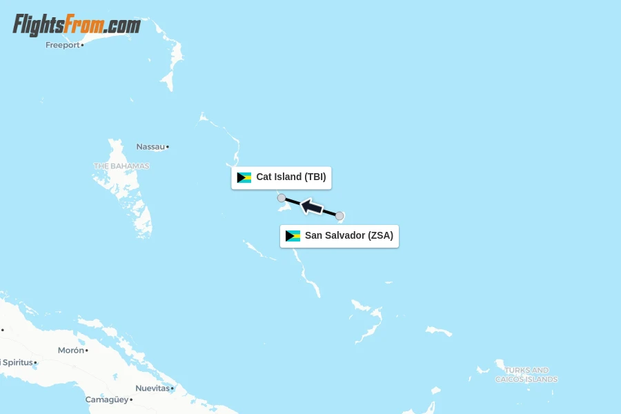 Flights from San Salvador to Cat Island route map