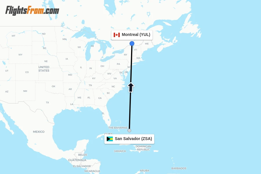 Flights from San Salvador to Montreal route map