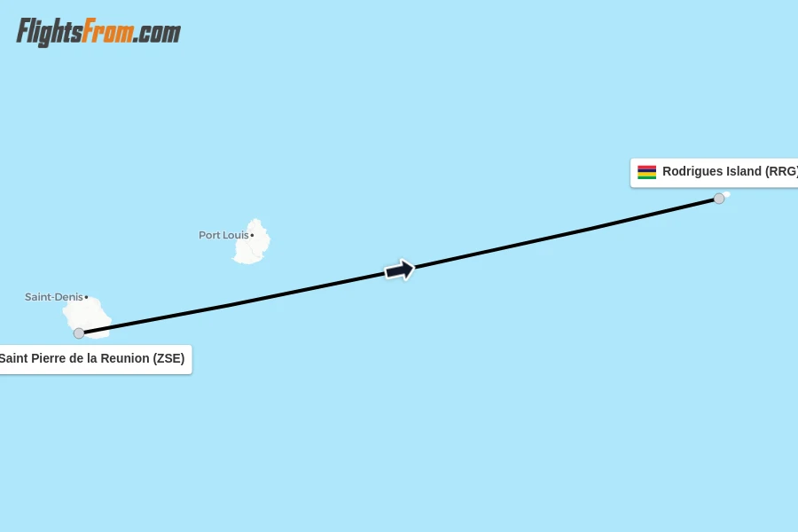 Flights from Saint Pierre de la Reunion to Rodrigues Island route map