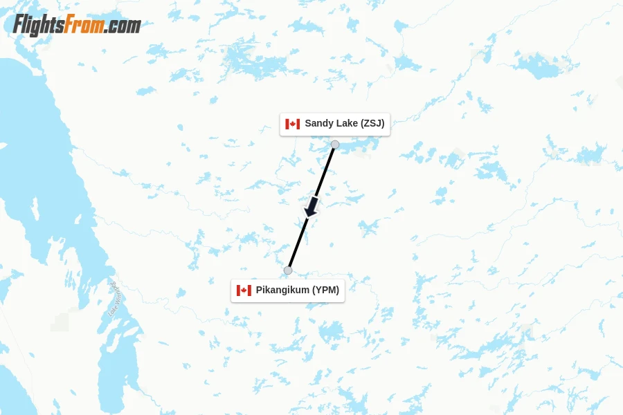Flights from Sandy Lake to Pikangikum route map
