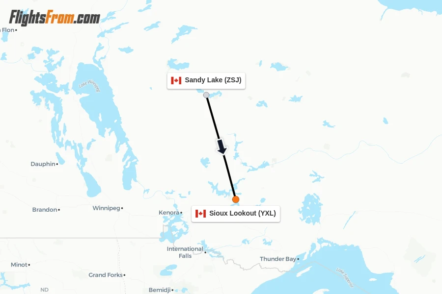 Flights from Sandy Lake to Sioux Lookout route map