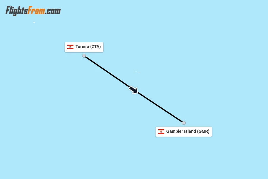 Flights from Tureira to Gambier Island route map