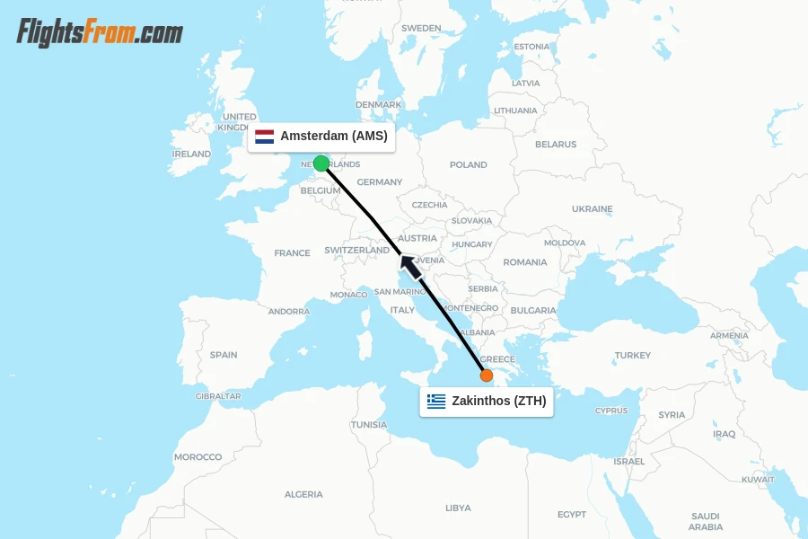 Flights from Zakinthos to Amsterdam route map