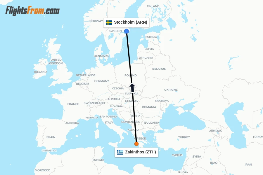 Flights from Zakinthos to Stockholm route map