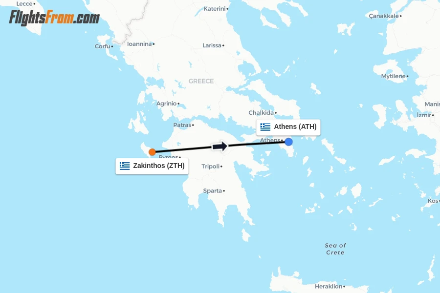 Flights from Zakinthos to Athens route map