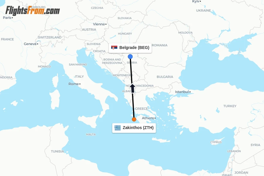 Flights from Zakinthos to Belgrade route map