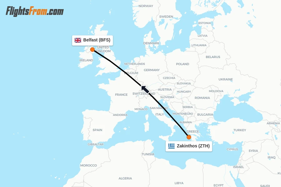 Flights from Zakinthos to Belfast route map