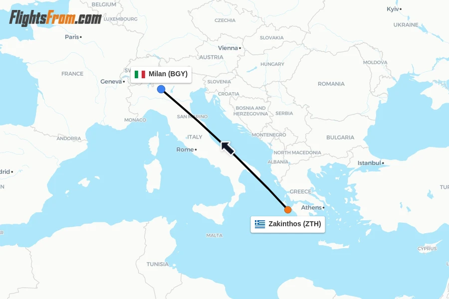 Flights from Zakinthos to Milan route map