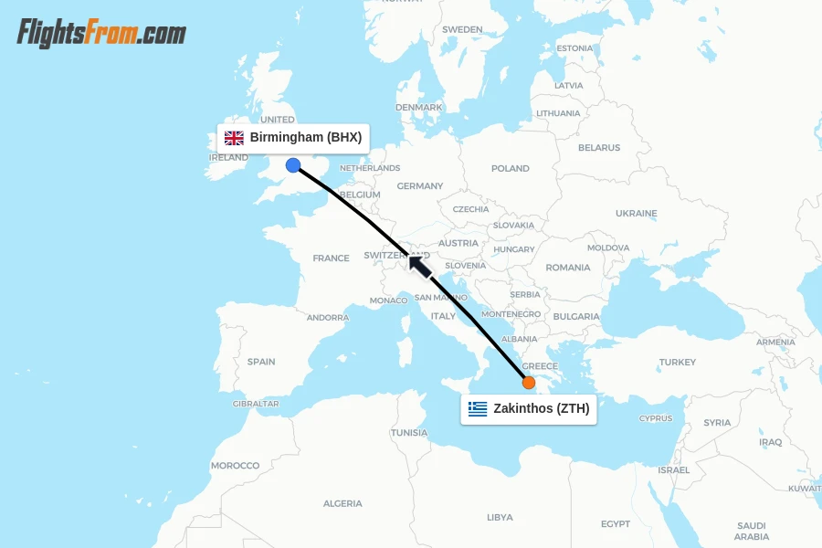 Flights from Zakinthos to Birmingham route map